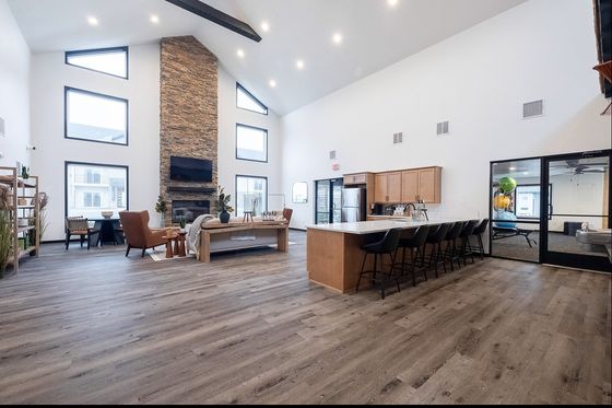 Expansive modern living area with high ceilings, stone fireplace, plush seating, and a stylish open kitchen.