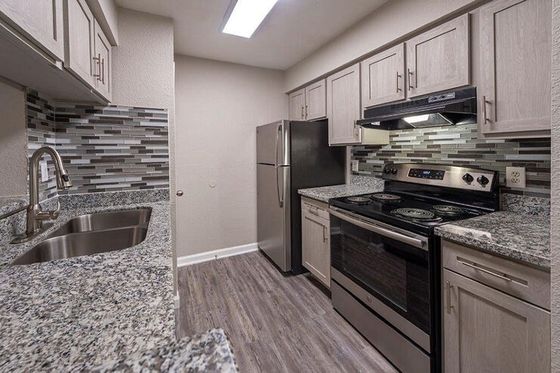 Modern kitchen with sleek stainless steel appliances, granite countertops, stylish backsplash, and ample cabinetry.