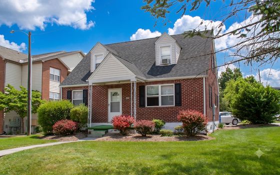 Charming brick home with classic gabled roof, surrounded by lush greenery and vibrant bushes under a bright blue sky.