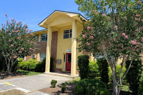 Charming brick apartment building with lush landscaping and vibrant flowering trees, exuding a welcoming and serene atmosphere.