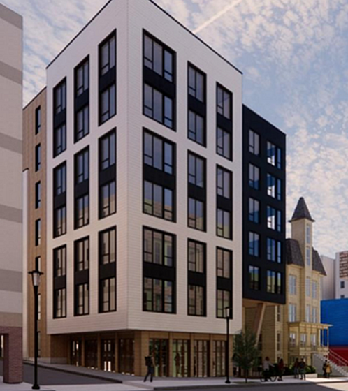 Modern urban apartment building with sleek design and large windows nestled in a vibrant cityscape.