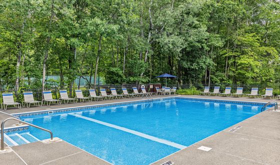 Inviting pool area surrounded by lush trees and lined with comfortable lounge chairs, perfect for relaxation and leisure.