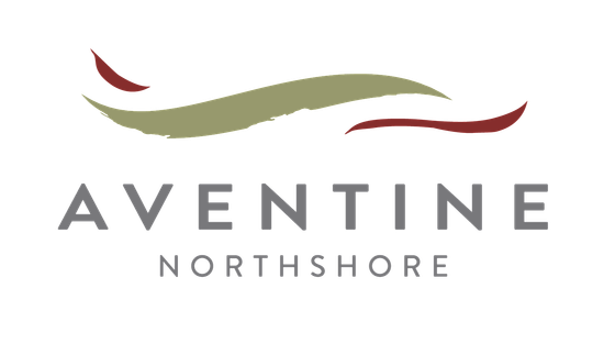 Elegant Aventine Northshore logo with artistic wave design in olive and maroon.