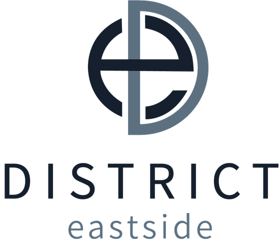 Modern logo for District Eastside featuring a stylish, overlapping letter design in sleek grayscale tones.