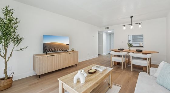 Modern living and dining area with light wood furniture, sleek decor, and warm ambiance.