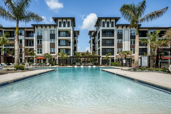 Luxurious apartment complex showcasing a sparkling swimming pool, palm trees, and contemporary architecture under a clear blue sky.