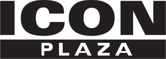 Icon Plaza logo in bold black typography, representing modern elegance and urban living.
