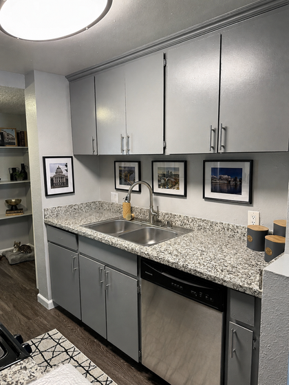 Modern kitchen showcasing sleek gray cabinetry, granite countertops, and stainless steel appliances, perfect for stylish living.