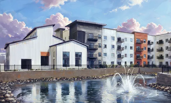 Modern apartment complex with diverse architecture, large windows, and balconies, overlooking a serene pond with a fountain.