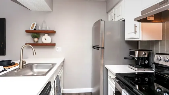 Contemporary kitchen with sleek stainless steel appliances, elegant open shelving, and modern fixtures.