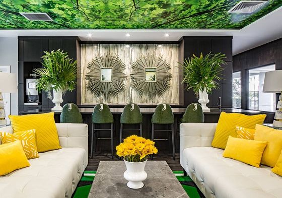 1800 The Ivy, interior, seating area, dark walls and floors, green accents, white circular sofa, mirrors, chandelier, windows