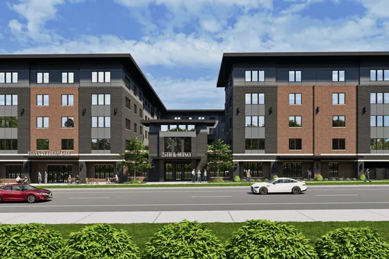 Chic urban apartment complex with modern brick facade and large windows, nestled in a vibrant neighborhood with outdoor seating and lush greenery.