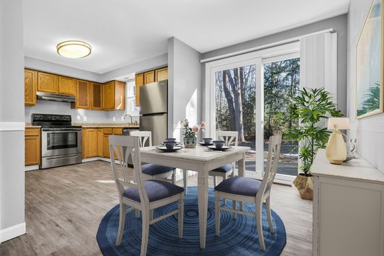 Bright kitchen-dining area with modern stainless steel appliances, cozy seating on a blue rug, and a scenic garden view through sliding glass doors.