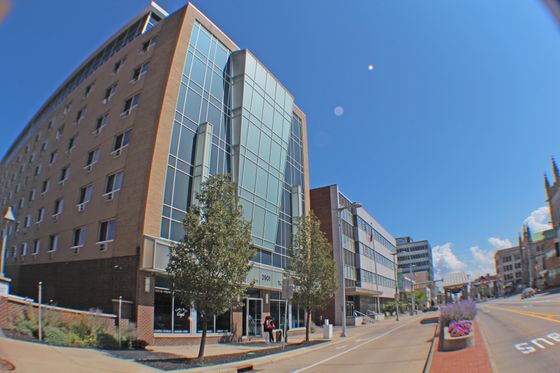 University Studios Apartments, exterior, road, trees, large windows, blue sky