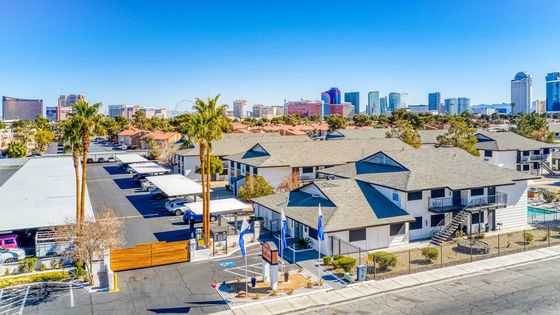 Charming apartment complex with palm trees, ample parking, and a vibrant skyline view, ideal urban living environment.