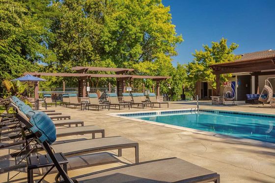Luxurious outdoor pool area with comfortable lounge chairs, shaded pergolas, and lush greenery, perfect for relaxation and leisure.