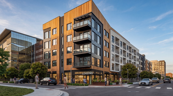 Modern urban apartment complex with stylish wood and glass facade, featuring inviting balconies and a welcoming leasing office on a vibrant street corner.