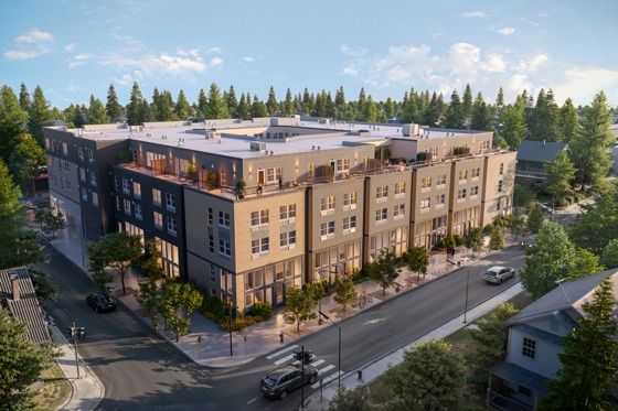 ariel view of building exterior of modera woodstock apartment homes for rent in portland or
