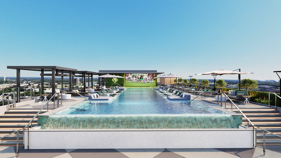 Luxurious rooftop infinity pool with stylish loungers, cabanas, and stunning city skyline view, perfect for relaxation and entertainment.