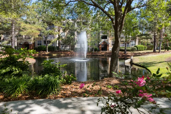 beautiful fountain in pond and spring landscaping