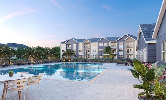 Rendering of pool courtyard with lounge seating at Archer Eastfield Station