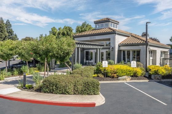 Charming apartment exterior featuring a modern design and lush landscaping, perfect for serene living.
