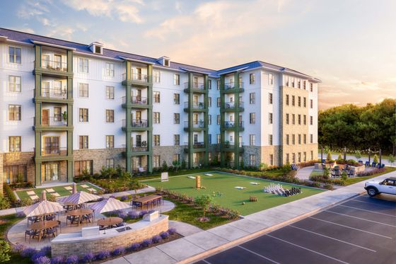 Elegant apartment complex featuring spacious balconies, modern architecture, and lush landscaped outdoor recreational area with garden games and seating.