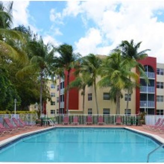 Lago Club Apartments, exterior, sparkling blue swimming pool, palm trees, building exterior, lounge chairs