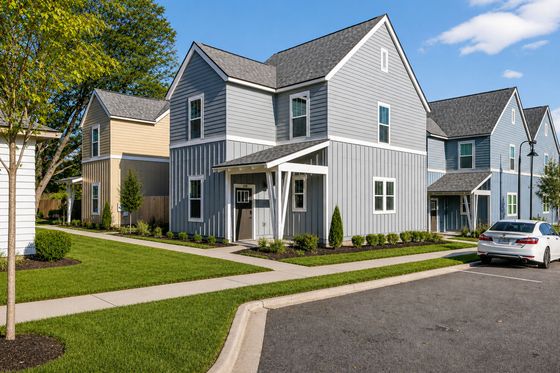 Charming suburban homes with modern architecture, lush green lawns, and shaded walkways creating a welcoming neighborhood vibe.