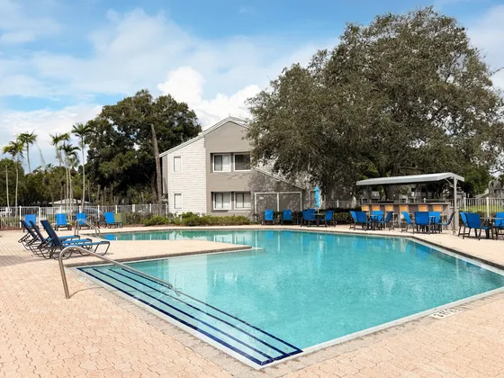 Inviting outdoor pool area with palm trees, stylish blue loungers, and a shaded seating area beside a modern apartment building.