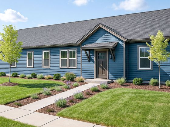 Charming blue single-story home with lush landscaping and a welcoming front porch.