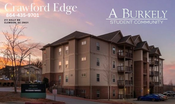 Vibrant sunset view of Crawford Edge, a modern apartment complex in Clemson, SC, ideal for student living with convenient amenities.