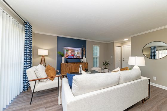 Bright and cozy living room with modern decor, featuring a comfortable sofa, stylish armchair, and sleek entertainment unit.