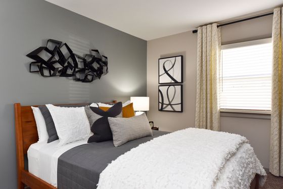 Modern and cozy bedroom featuring a stylish gray accent wall, elegant wall art, and plush bedding with decorative pillows.