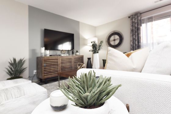 Chic living room with elegant decor, modern TV setup, and inviting natural light.