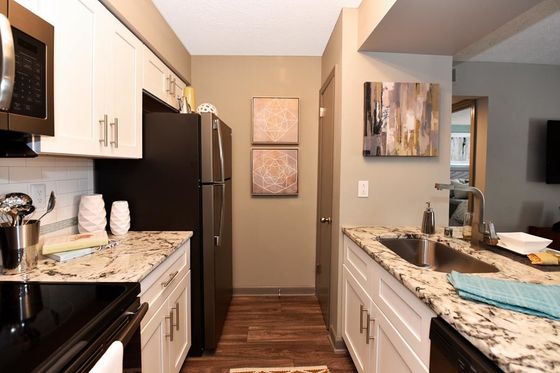 Chic modern kitchen with elegant granite countertops, stainless steel appliances, and stylish artwork accents.