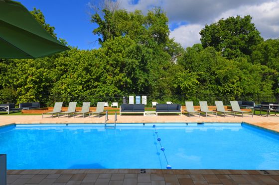 Inviting outdoor pool surrounded by lush greenery and stylish lounge chairs, perfect for relaxation and enjoying sunny days.