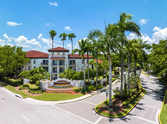 Stunning aerial view of a luxurious apartment complex surrounded by lush palm trees and vibrant landscaping, featuring a welcoming entrance with elegant architecture.