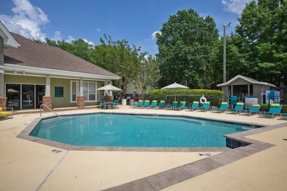 A pool with lounge chairs and umbrellas, with partial views of a residential clubhouse at The Madison apartments in Charlotte, NC for rent.