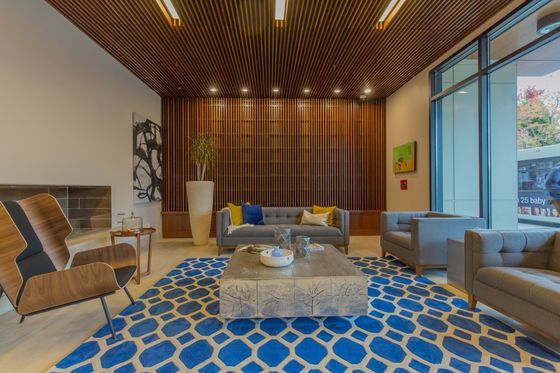 Chic and contemporary lounge area featuring stylish wood paneling, plush gray sofas, and a vibrant blue geometric rug, creating an inviting ambiance.