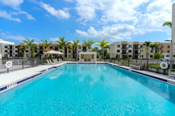 Vibrant community pool surrounded by stylish apartment buildings and lush palm trees, perfect for relaxing under a clear blue sky.