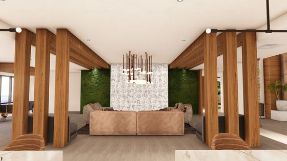 Elegant modern living space with plush seating, artistic wall design, and lush vertical greenery, creating a serene and stylish atmosphere.