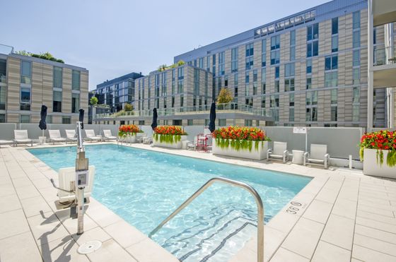 Luxurious apartment complex featuring a sparkling outdoor pool surrounded by vibrant floral planters and modern architecture.