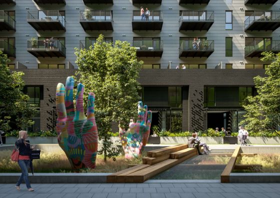 Vibrant urban apartment complex with colorful hand sculptures, lush greenery, and stylish balconies.