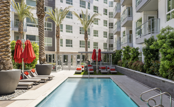 Luxurious apartment courtyard with a sparkling pool, stylish lounge chairs, and vibrant red umbrellas amid lush greenery and modern architecture.