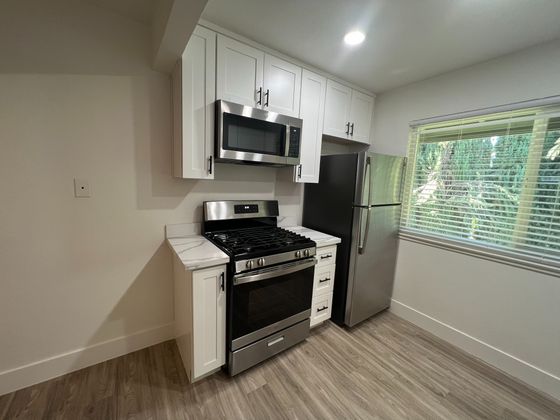 Modern kitchen with black and silver stove, microwave and fridge