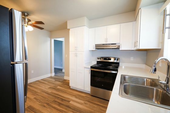 Modern kitchen with stainless steel appliances and white cabinetry