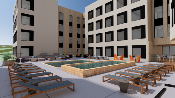 Modern apartment courtyard featuring a stylish swimming pool, surrounded by sleek lounge chairs and vibrant outdoor seating areas.