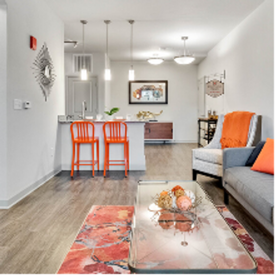 Middletown 1 bedroom model apartment with orange accessories