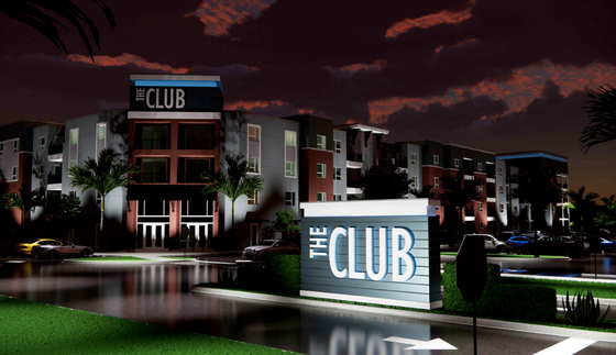 Night time rendering of entrance to the community.